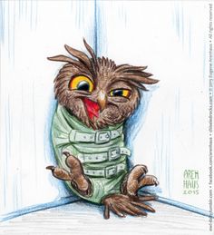 a drawing of an owl wearing a sweater with its mouth open and eyes wide open