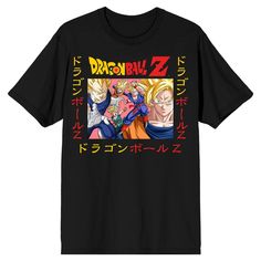 the dragon ball z t - shirt is black with red and yellow letters on it