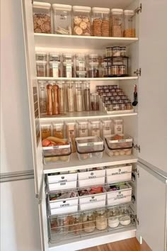 an organized pantry with lots of food in it