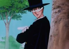 an animated image of a man in a top hat and black coat standing next to a tree