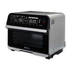 a black and silver toaster oven with timers on the front, open door