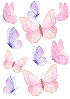 six pink and blue butterflies with one purple butterfly in the middle, on a white background