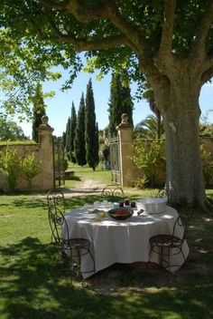 an image of a table and chairs in the middle of a yard with trees on either side