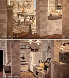 two pictures of a kitchen and dining room in the same house, one is made out of bricks