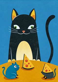 a black cat sitting on top of a table next to a blue mouse and slice of pizza