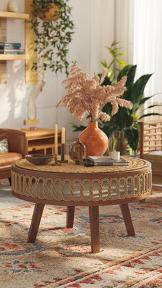 a coffee table with flowers in a vase on top and other items sitting on it