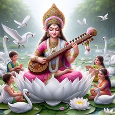 there is a woman playing the guitar in front of swans and water lilies with birds around her