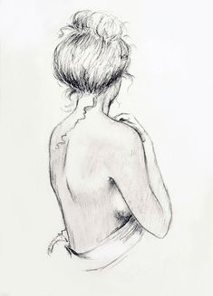 a pencil drawing of a woman's back with her hair in a bunt