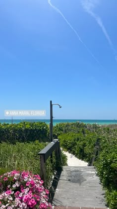 a walkway leading to the beach with flowers in front of it and an airplane flying overhead