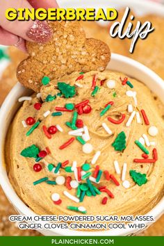 gingerbread dip in a white bowl with sprinkles and a cookie on top