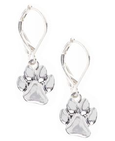 pair of silvertone earrings with an animal paw print on the front and back of each ear