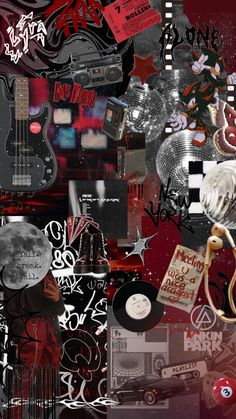 a collage of various musical instruments and symbols