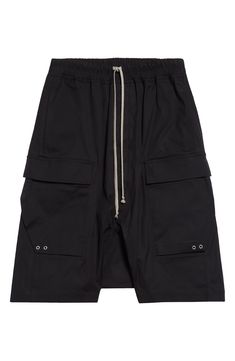 Angluar cargo pockets bring signature Rick Owens edge to these stretchy cotton cargo shorts. 36" inseam; 32" leg opening; 13 1/2" front rise; 17 1/2" back rise (size 50EU) Elastic/drawstring waist Cargo bellows pockets 97% cotton, 3% elastane Hand wash, line dry Made in Italy Designer Clothing Bellows, Fabric Gift Bags, Nordstrom Store, Fabric Gifts, Anniversary Sale, Free Fabric, Black Fits, Rick Owens, Cargo Shorts