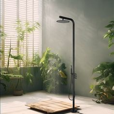 a shower head with thermostaer and hand held showerhead in front of potted plants