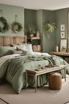 a bed with green sheets and pillows in a bedroom next to a table, potted plants on the wall