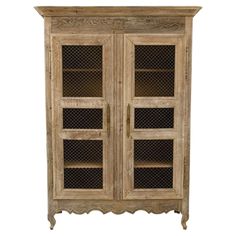 an old wooden cabinet with glass doors on the front and bottom, isolated against a white background