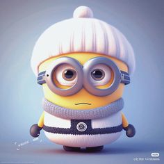 a minion with glasses and a white hat is standing in front of a blue background