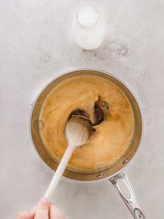 a person is stirring something in a pot with a wooden spoon on the counter top