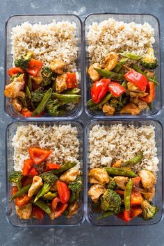 four plastic containers filled with rice, chicken and veggies next to each other