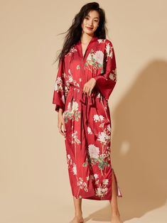 Floral Wine Red Charmeuse Kimono Robe Dressing Gown | Ulivary Prints Pink, Red Kimono, Asian Designers, Pink Kimono, Sweet Gift Ideas, Silk Robe, Silk Pillow, Floral Kimono, Silk Charmeuse