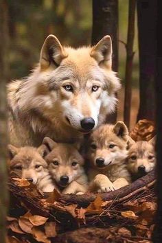 an adult wolf with four puppies sitting in a basket on the ground surrounded by leaves