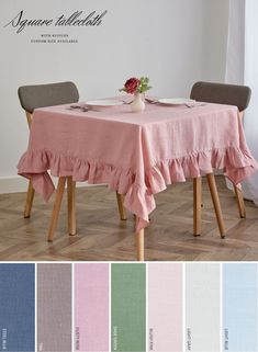 the table is covered with pink and green linens, along with two chairs in front of it