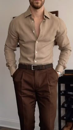 Man Fashion Old Money, Men’s Corporate Fashion, Shirt And Pants Outfit Men Formal, Old Money Aesthetics For Men, Tan Skin Men Outfit, Men Dress Pants Outfits, Brown Corporate Outfit, Men Casual Suit Outfit, Dress Pants Men Outfit