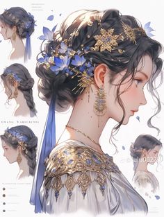 a drawing of a woman with blue flowers in her hair and jewelry on her head