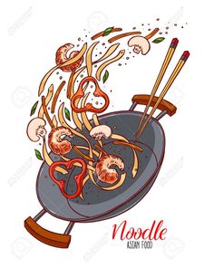 noodles are being cooked on the grill with chopsticks and mushrooms in cartoon style