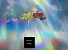 a person flying through the air on top of a rainbow colored sky with clouds in the background