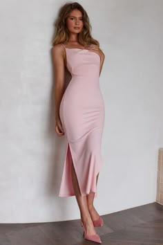 Frieda Cowl Neck Side Split Ribbed Midi Dress Blush Blush Midi Dress, Blush Maxi Dress, Ribbed Maxi Dress, Pink Wedding Dresses, Hugging Silhouette, Ribbed Midi Dress, Tan Heels, Date Night Dresses, Sunday Brunch