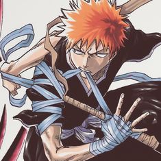 an anime character with red hair holding two swords