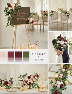 a collage of photos with flowers and greenery on the table, including candles