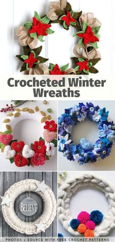 crocheted winter wreaths with text overlay