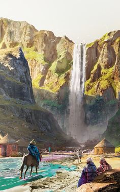 two people riding horses in front of a waterfall and some buildings with mountains behind them