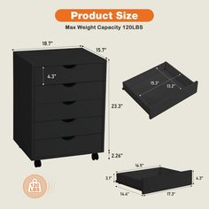 an image of a black drawer with measurements for the top and bottom drawers on it