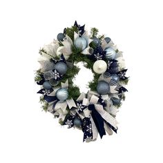 a christmas wreath with blue and white ornaments