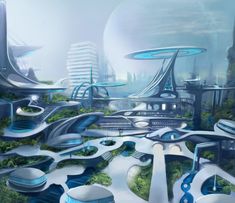 a futuristic city with lots of green trees and blue buildings in the middle of it