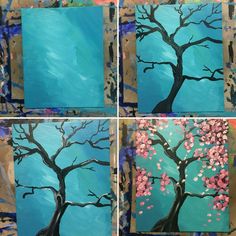 four different paintings of a tree with pink flowers on blue and green background, each painted in acrylic paint