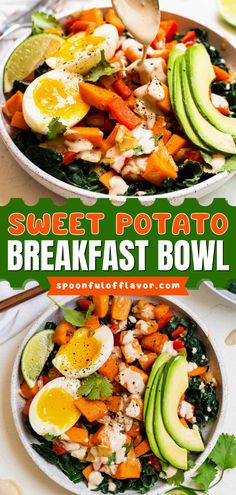 Here's a healthy food idea you can make ahead to enjoy throughout the week! This simple, healthy breakfast is Whole30, grain-free, gluten-free, and paleo. Full of sweet potato hash, greens, eggs, and avocado, this savory breakfast bowl recipe is delicious! Potato Hash Breakfast, Sweet Potato Breakfast Bowl, Potato Breakfast Bowl, Eggs And Avocado, Sweet Potato Breakfast Hash, Breakfast Bowls Recipe, Sweet Potato Bowls, Potato Breakfast, Bacon Eggs