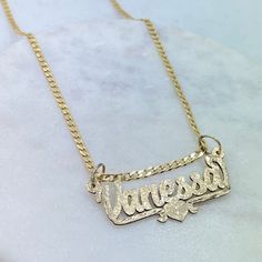 14k Gold Nameplate Solid 14K Gold Personalized Heart Name - Etsy Gold Name Plate Necklace 90s, Name Necklace Mexican, Gold Jewelry Name Necklace, Chains With Names Gold, Name Plate Jewelry, Name Necklace Gold Mexican, Quinceanera Necklace Gold, Mexican Name Necklace, Name Plate Necklace Gold