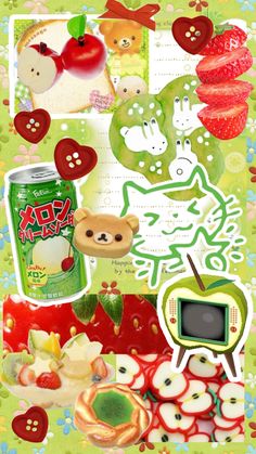 a collage of various stickers and pictures on a green background with an apple