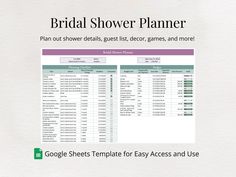 the bridal shower planner is displayed on a white background with green and purple accents