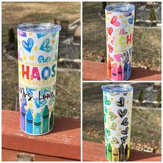 three different views of the same tumbler cup, one with happy birthday written on it