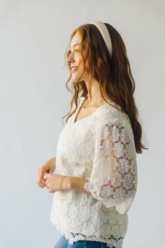 Introducing The Passey Crochet Blouse in Oatmeal! This unique top features a delicate crochet design and a cozy oatmeal color. Perfect for those who want to add a touch of charm and texture to their wardrobe. Embrace your playful and quirky side with this must-have piece. Details self/lining: 100% polyester Fabric Care Guide Here Sizing & Fit Measurements are approximate and taken while laying flat across the front. Not doubled. small: bust = 20"; length = 26" medium: bust = 21"; length = 26" la Feminine Beige Tops With Lace Sleeves, Feminine Beige Top With Lace Sleeves, Feminine Crochet Lace Top, Elegant Beige Tops With Crochet Trim, Spring Cream Blouse With Crochet Lace, Cream Crochet Lace Blouse For Spring, Spring Cream Lace Crochet Top, Cream Lace Crochet Top For Spring, Beige Crochet Lace For Spring