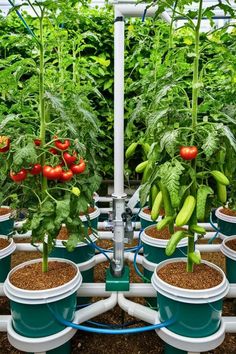 several potted plants with tomatoes and peppers growing in them