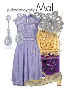 a purple dress and gold shoes are featured in this ad for the new disney store