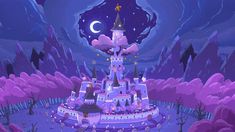 an animated castle in the middle of a night sky with stars and moon above it