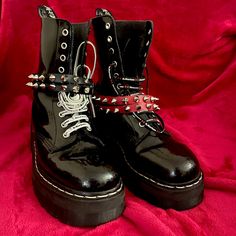 I’m A Doc Marten Collector So These Have Been Properly Cared For. Selling A Couple Of My Rare Aggy Boots! I Call These My “Borderlines”, Hello Kitty Shoelaces Are Included, As Well One More Hello Kitty X Dr.Marten Shoelaces In Black (Sorry, Don’t Have The Other White Laces) Also Comes With 2 Spiked Boot Strap Cuffs In Red And Black. Really Good Condition, Ladies Uk7/Us9, But Definitely Fits Like A Ladies Us10! Price Is Firm As Of Now. Doc Martens With Ribbons, Dr Martens Ribbon Laces, Punk Style Lace-up Martin Boots With Chunky Platform, Dr Martens Gothic Americana, Dr Martens Boots Red, Patent Boots, Boot Straps, Doc Martens, Dr. Martens