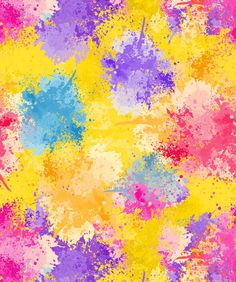 colorful paint splattered on a yellow and pink background with lots of colors in it